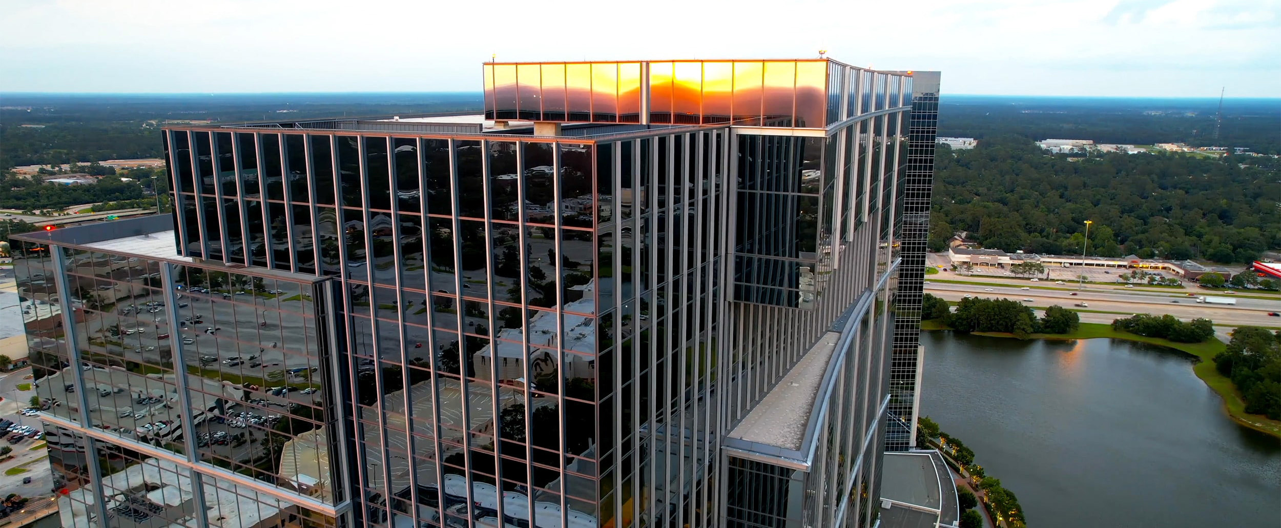 Exterior aerial view of The Woodlands commercial district.